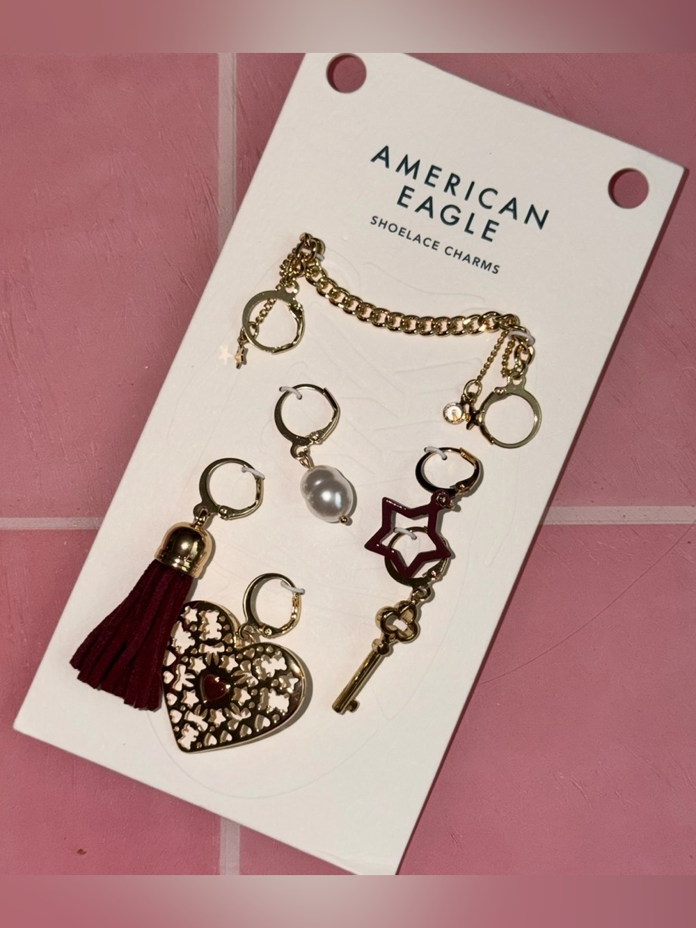 American Eagle Outfitters Gold & Burgundy Shoelace Charm Set